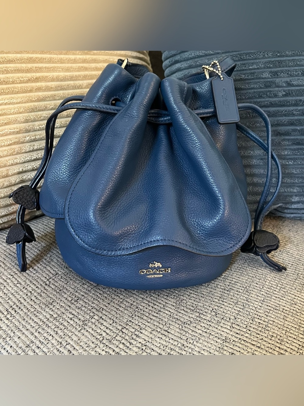 Coach Blue Pebbled Leather Drawstring Crossbody Bucket Bag